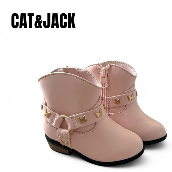 037 Cat & Jack Pink Kids Boots with Gold Butterfly Accents - Picture 1 of 8